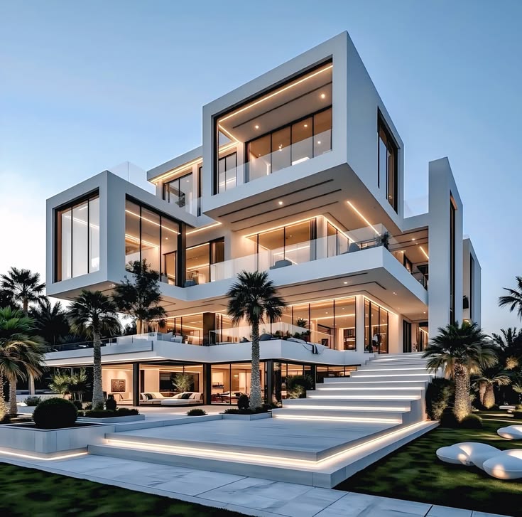 _Modern Luxury Multi-Level Villa _ White Cubist Architecture with LED Lighting